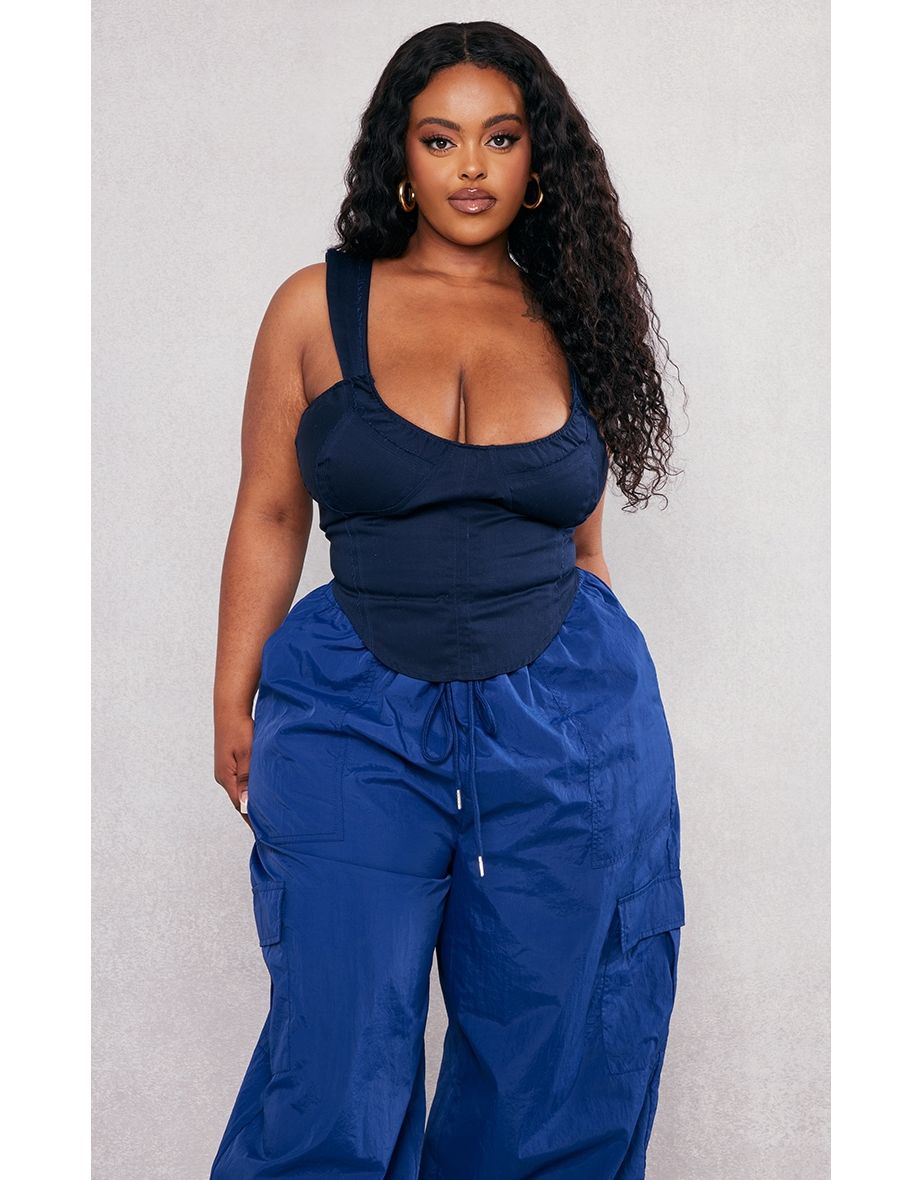 Plus Navy Distressed Seam Ruched Cup Corset