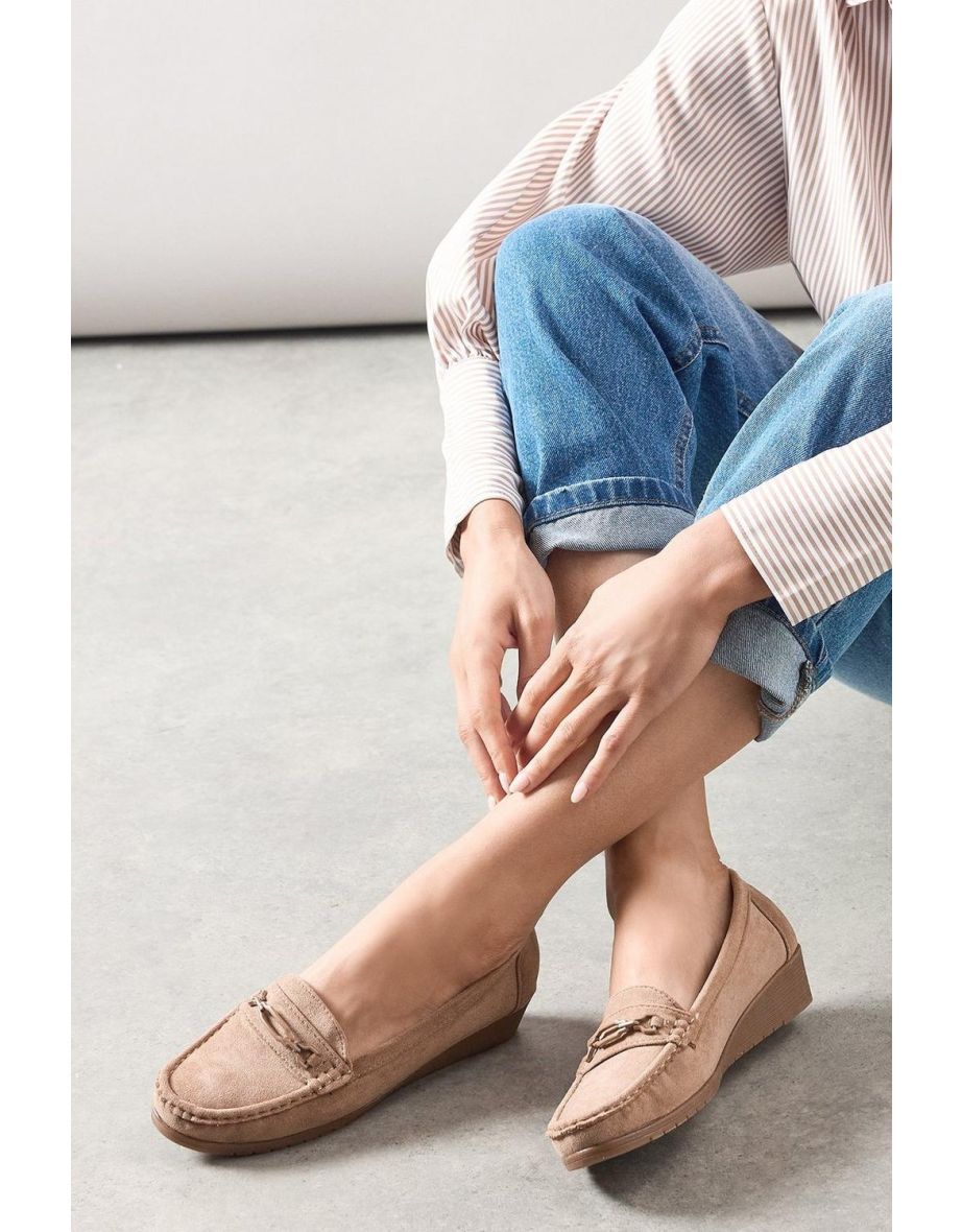 Good For The Sole: Viridiana Faux Suede Trim Detail Comfort Wedge Moccasin Loafers