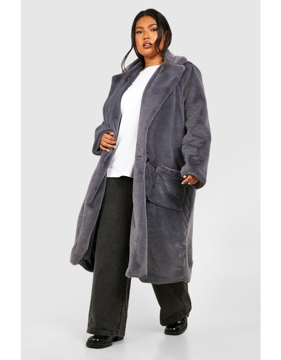 Shop Plus Faux Fur Longline Overcoat Online in Qatar VogaCloset