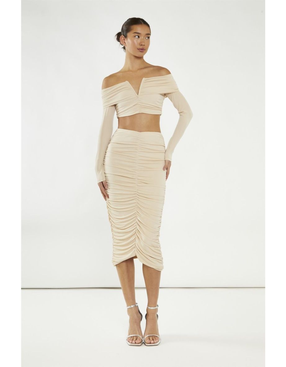 Nude Ruched Bardot Crop-Top
