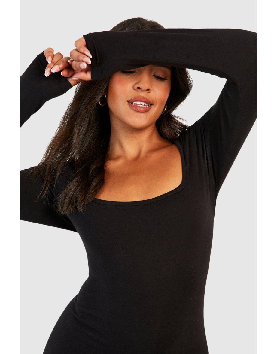 Plus Cotton Square Neck Long Sleeve Unitard - black - 3