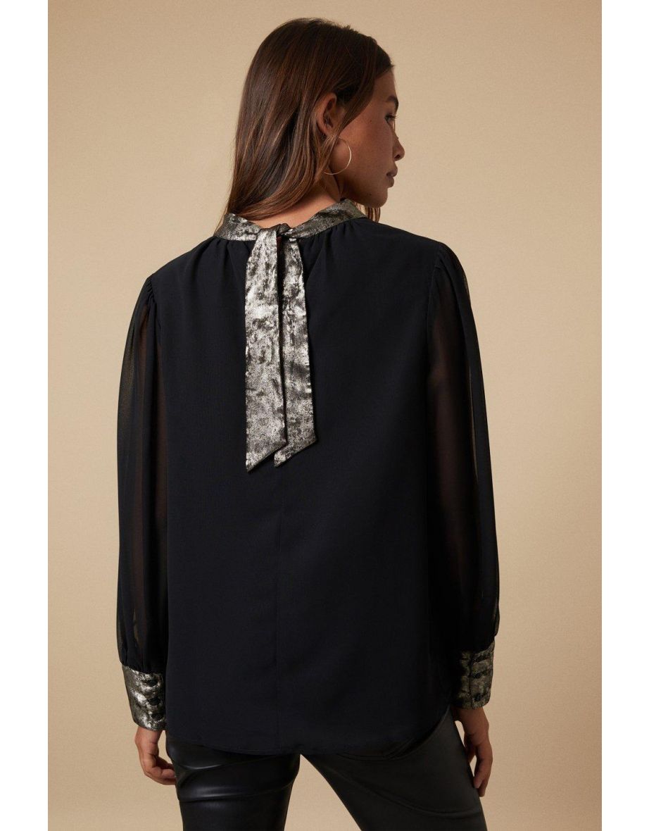 Metallic Gold Contrast High Neck Blouse - 2