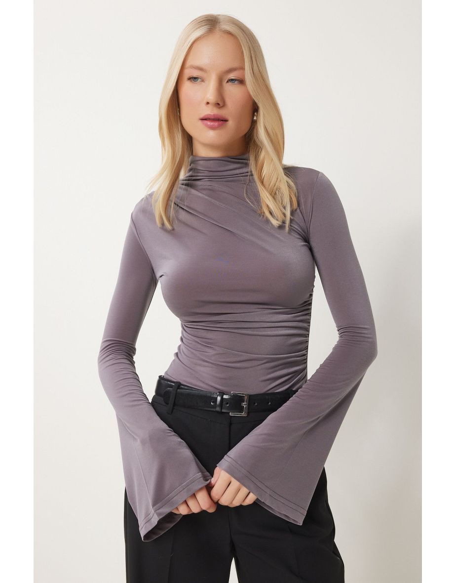 Women's Gray Spanish Sleeve Gathered Sandy Knitted top