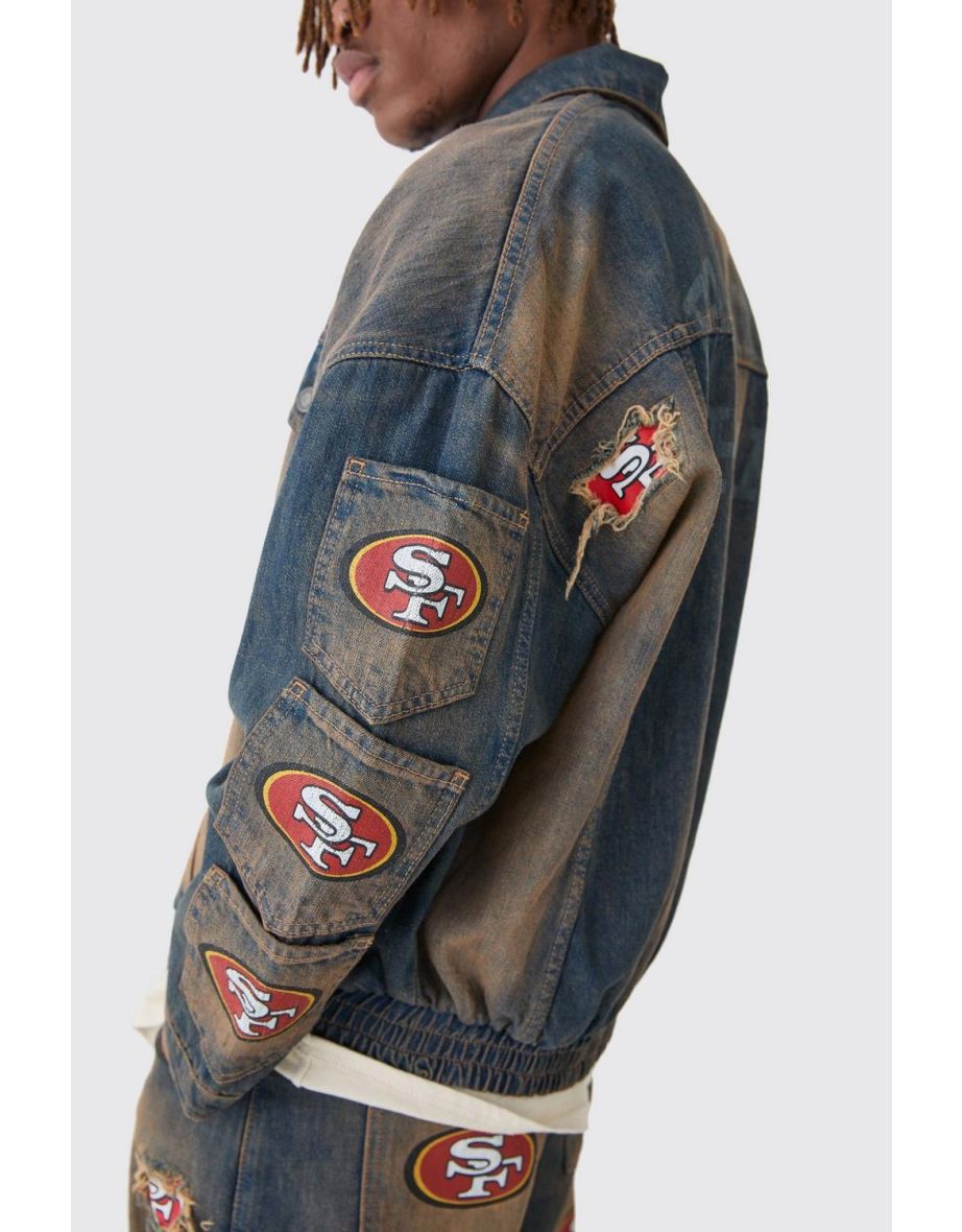 Nfl 49ers Oversized Zip Through Multi Pocket Denim Jacket - antique wash - 2