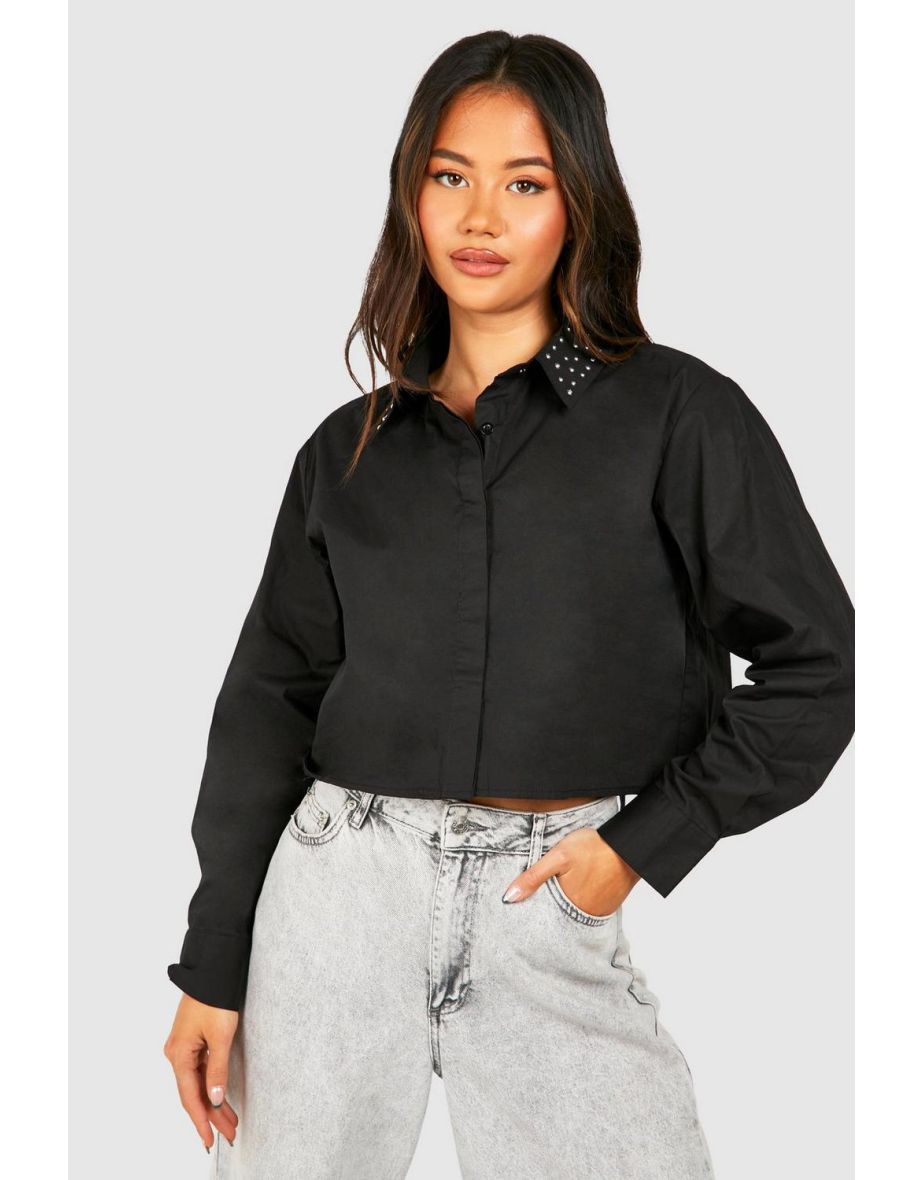 Studded Collar Poplin Shirt - black