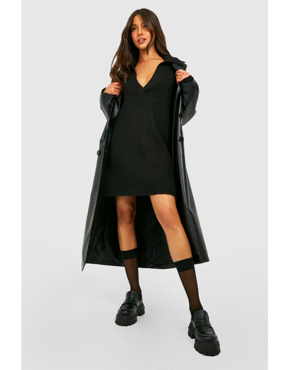 Polo Neck Oversized Knitted Jumper Dress - black - 3