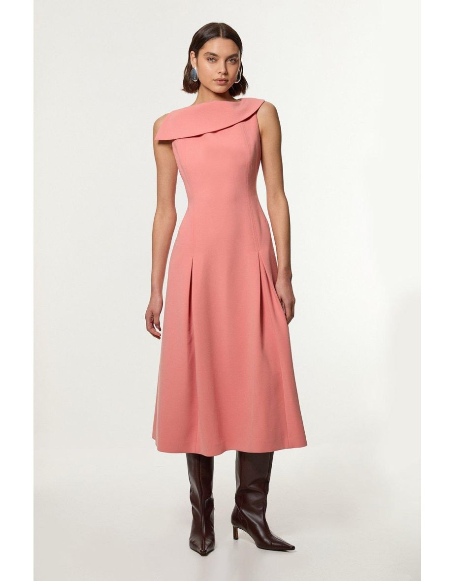 Compact Stretch Asymmetric Neck Tailored Full Skirted Dress