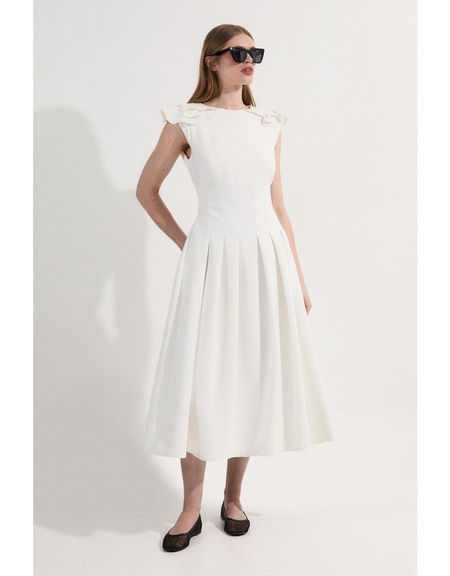 Structured Crepe Ruffle Shoulder Tailored Full Skirted Midaxi Dress