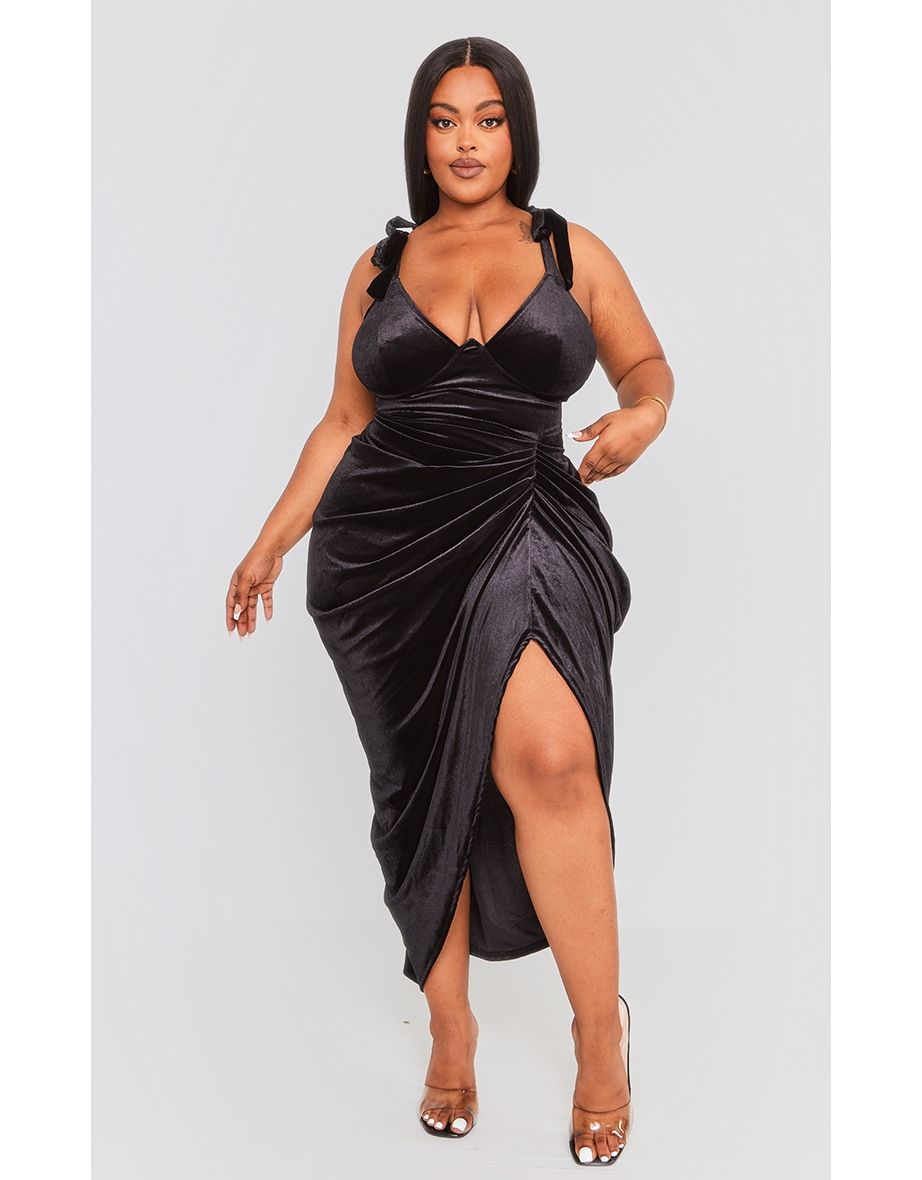 Plus Black Velvet Underwire Detail Draped Dress