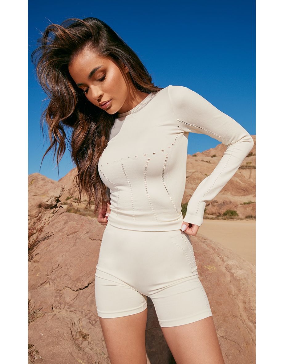PLT SPORT Bone Seamless Laser Cut Long Gym Top