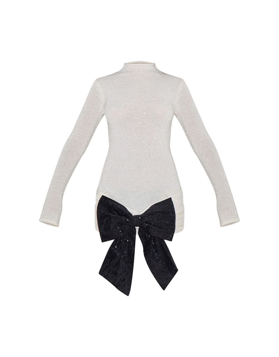 Cream Sheer Tinsel Knit Contrast Bow Detail Jumper Dress - 4