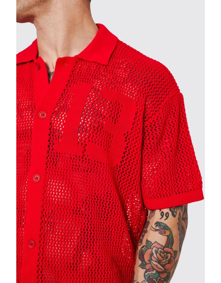 Short Sleeve Boxy Open Stitch Varsity Knit Shirt - red - 2