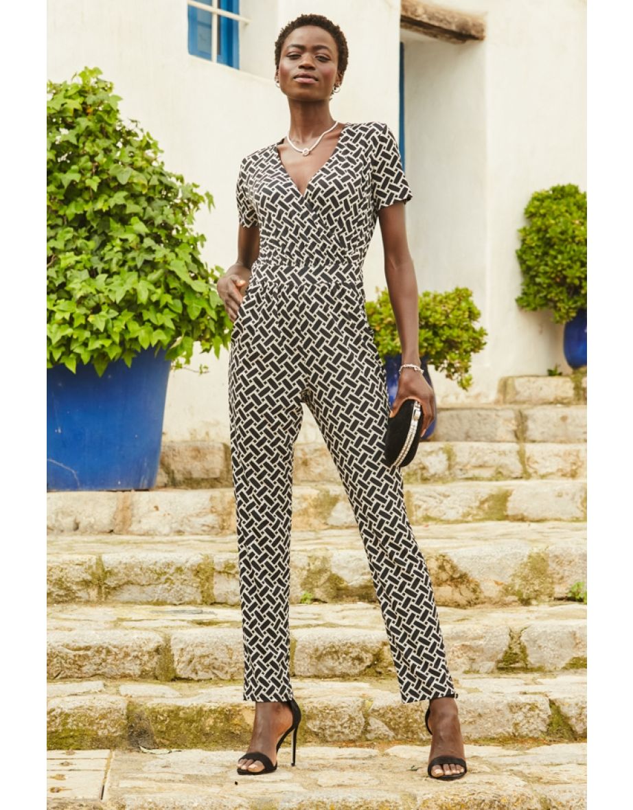 Shop Black White Geometric Print Wrap Front Jumpsuit Online in Jordan VogaCloset