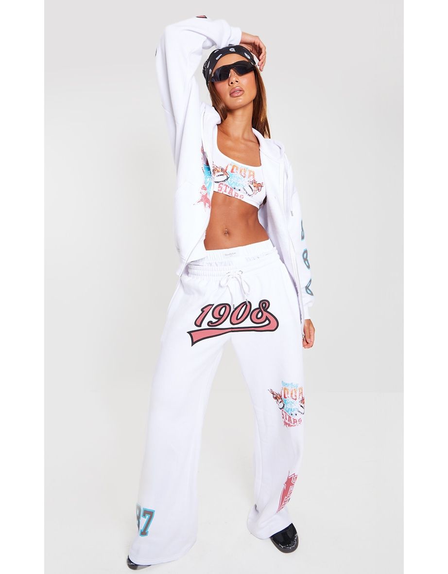 White 1908 Printed Wide Leg Joggers