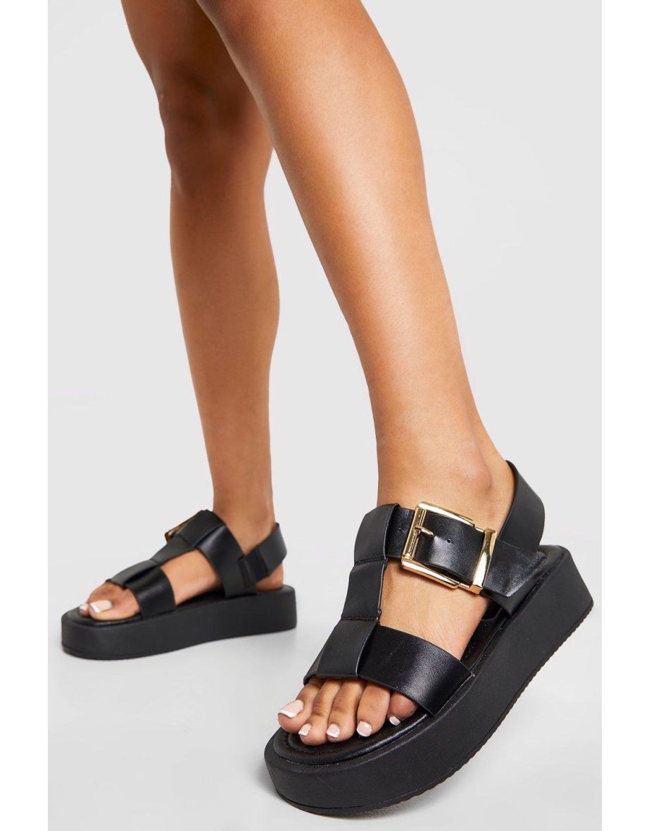 Chunky Flatform Buckle Sandals - black