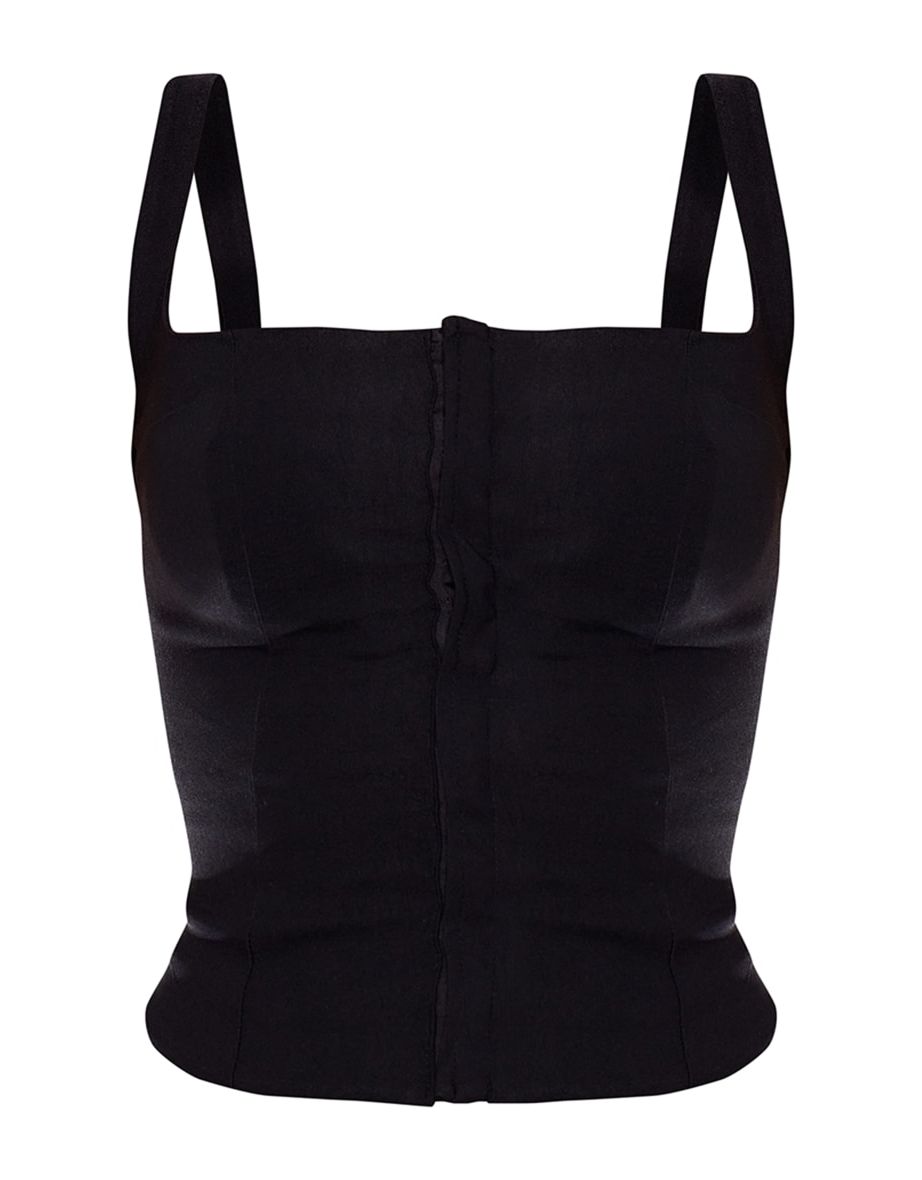Dark Black Woven Square Neck Hook And Eye Long Top - 4