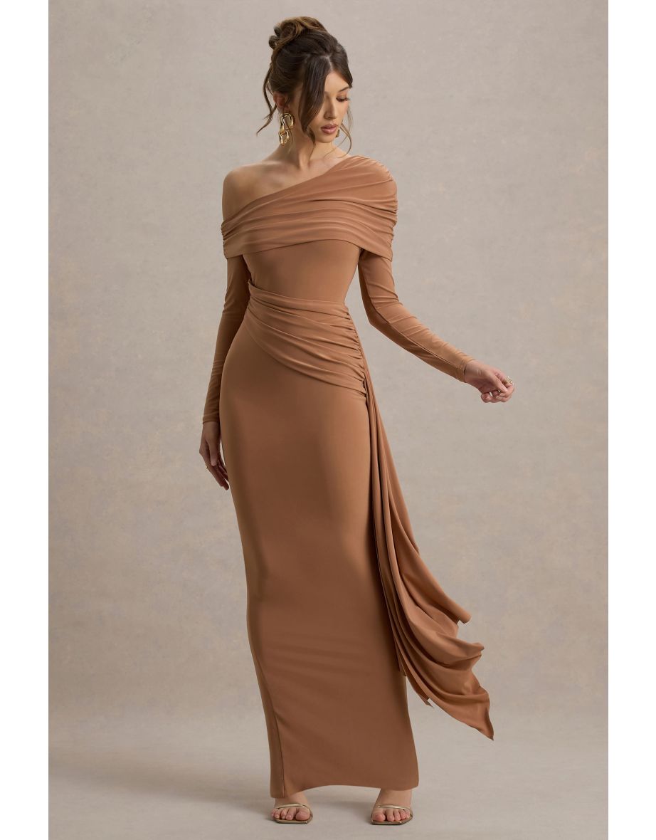 Valina | Brown Ruched Asymmetric Maxi Dress With Drape - 5