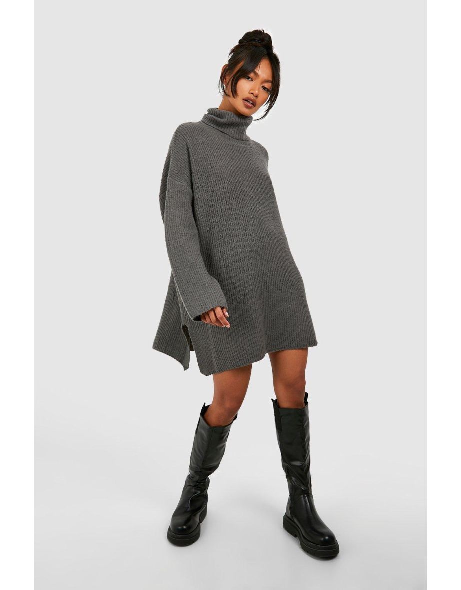 Roll Neck Tunic Jumper Dress - charcoal