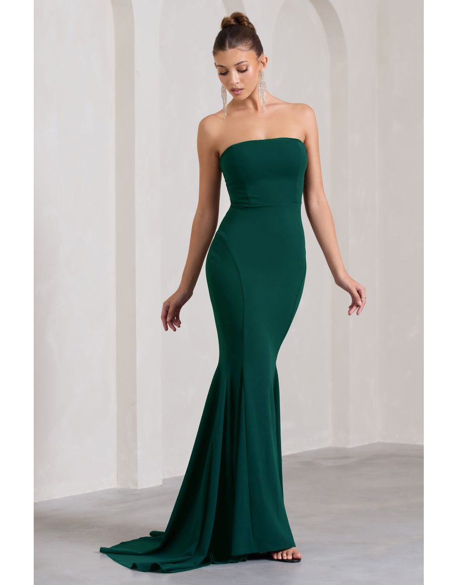 Impress Me | Bottle Green Strapless Bandeau Fishtail Floor Dress - 4