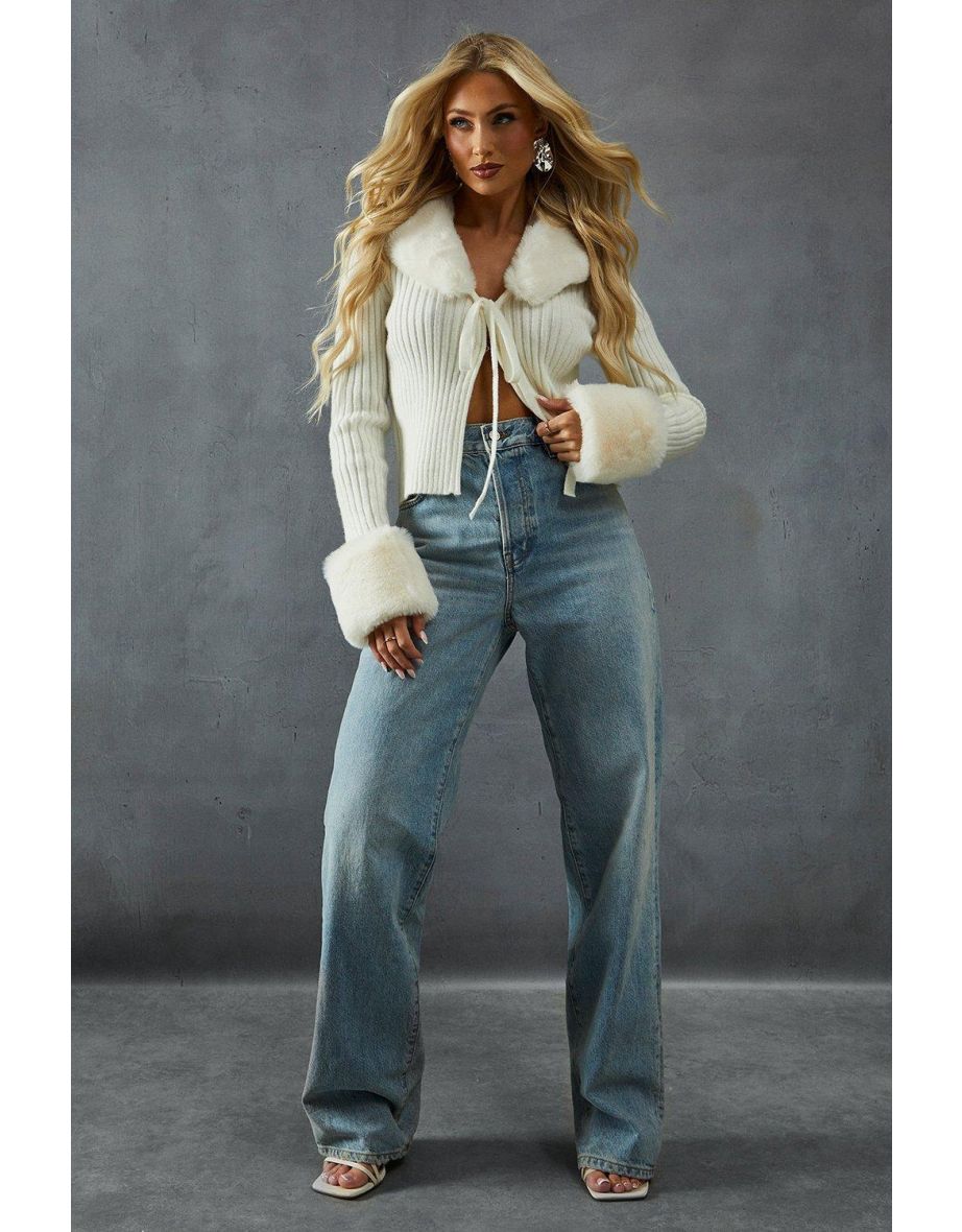 Knitted Rib Fur Trim Tie Detail Front Jumper