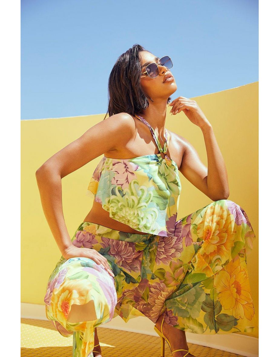 Floral Printed Mesh Halterneck Crop - purple - 3