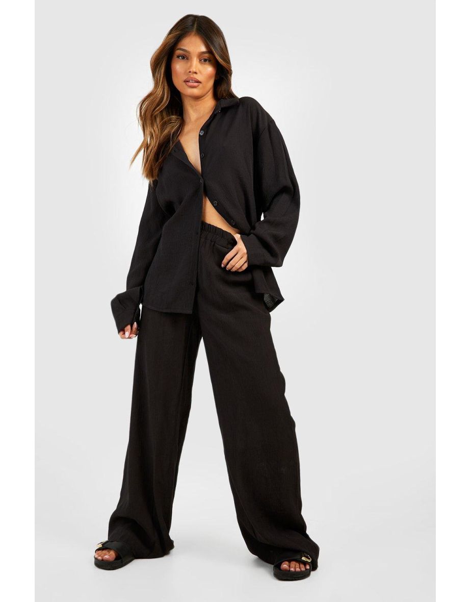 Crinkle Relaxed Fit Wide Leg Trousers - black