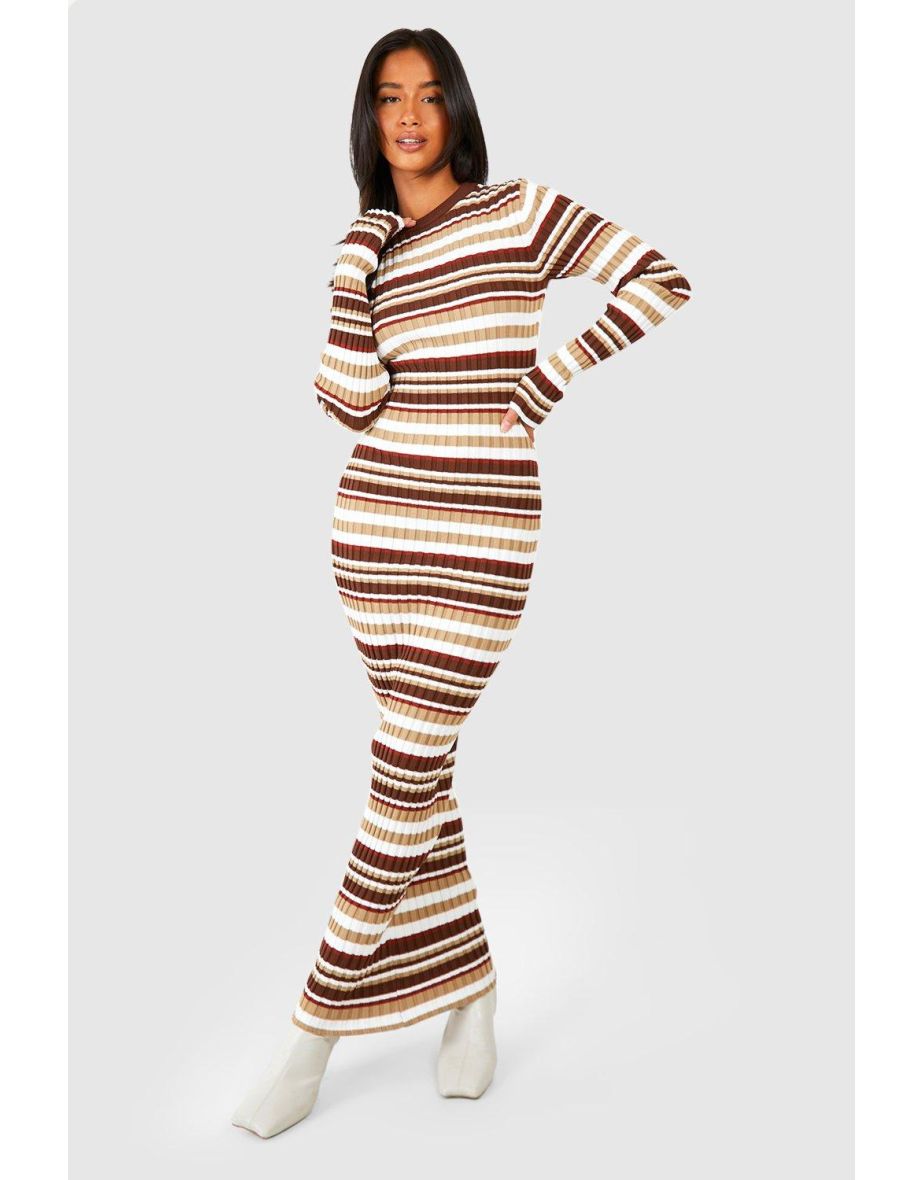 Petite Mixed Stripe Midaxi Knitted Dress - chocolate
