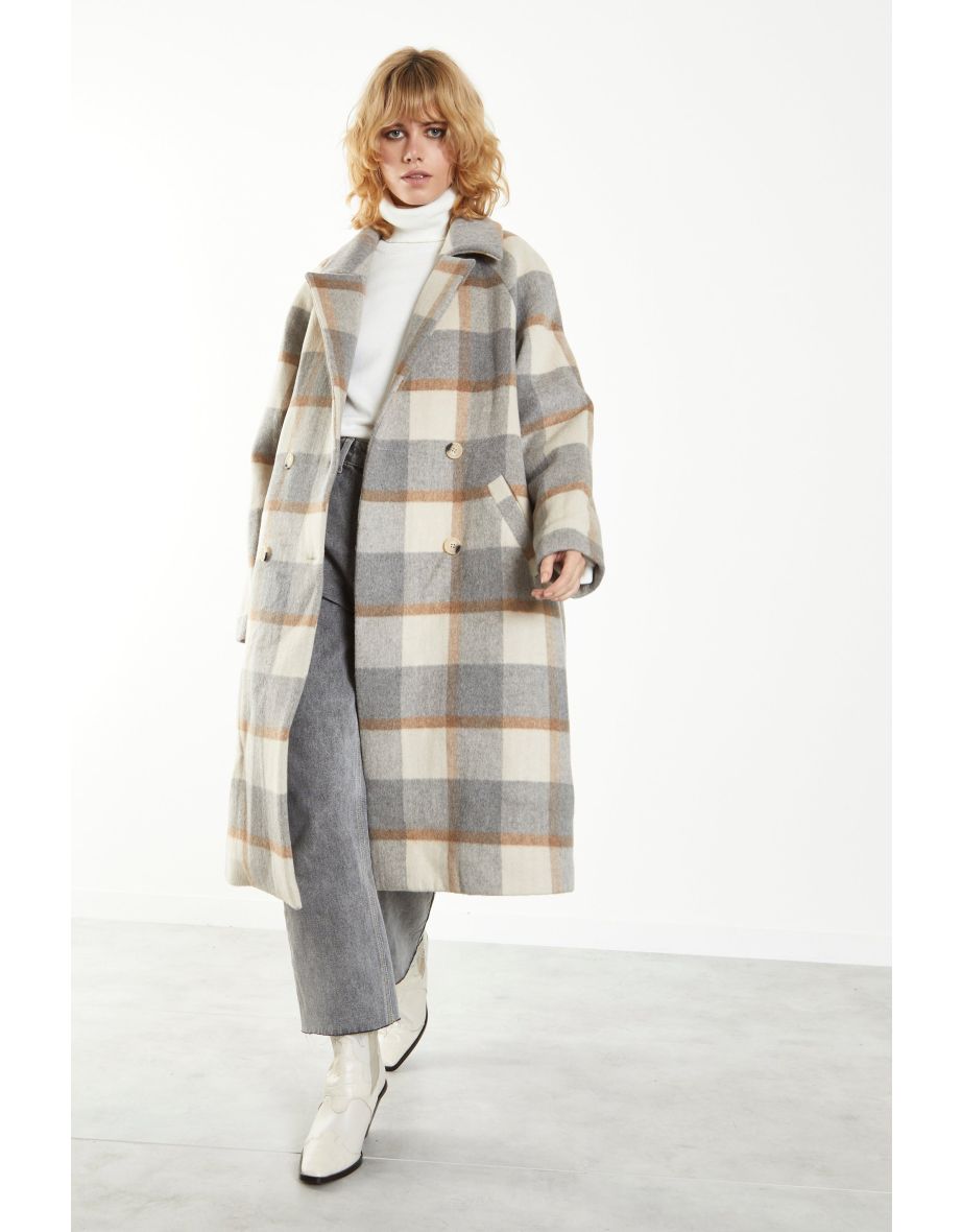 Shop Glamorous Grey Cream Check Double Breasted Midi Coat with Lapel Collar Online in Qatar VogaCloset