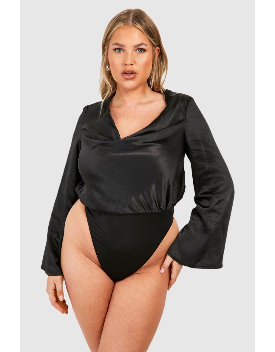 Plus Cowl Neck Flare Sleeve Bodysuit - black - 3