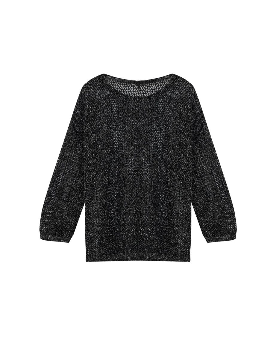 Black Lurex Boat Neck Openwork/Hole Knitwear Sweater - 7