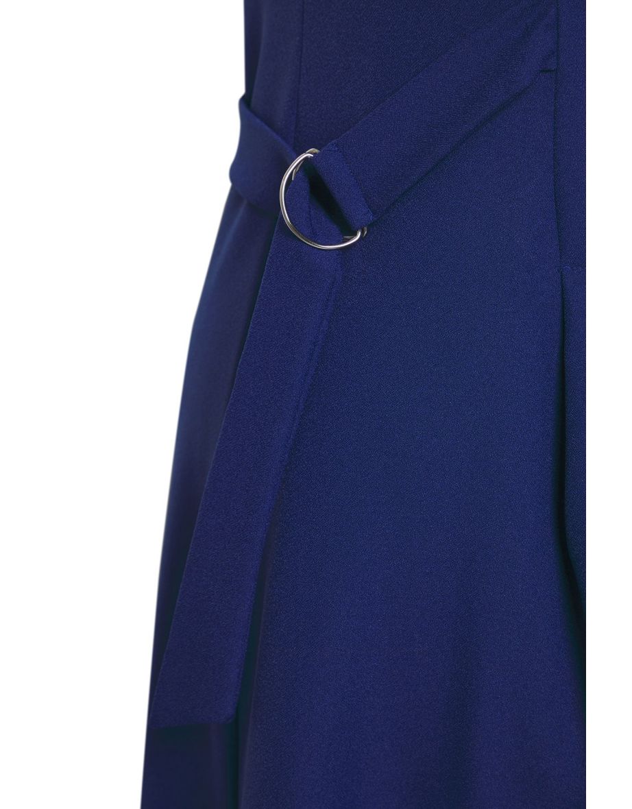 Navy Blue Waist Adjustable Accessory Midi Length Woven Plus Size Dress - 7