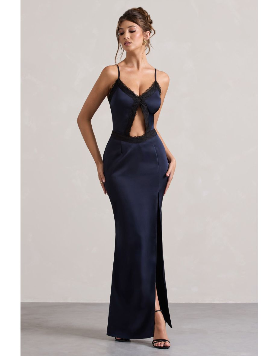Brescia | Navy Satin Cut-Out Maxi Dress With Lace Trim