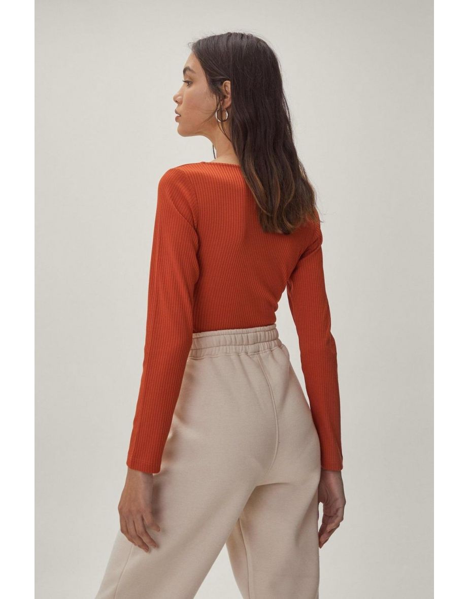 Recycled Rib Scoop Neck Zip Front Bodysuit - rust - 3
