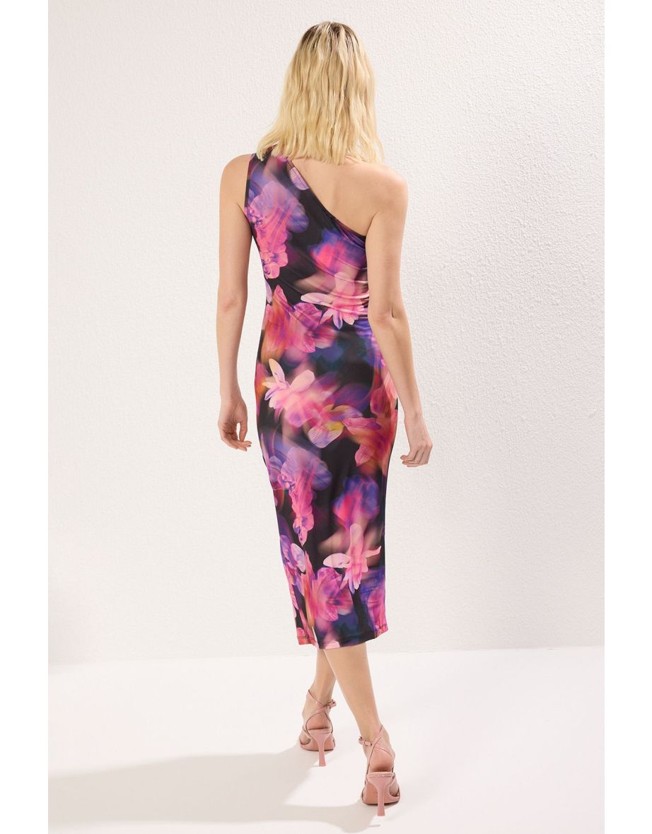 Pink Floral Printed One Shoulder Draped Fitted/Fits Body Stretch Knit Dress - 4