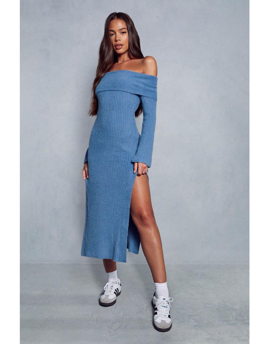 Premium Fluffy Bardot Split Leg Midaxi Dress