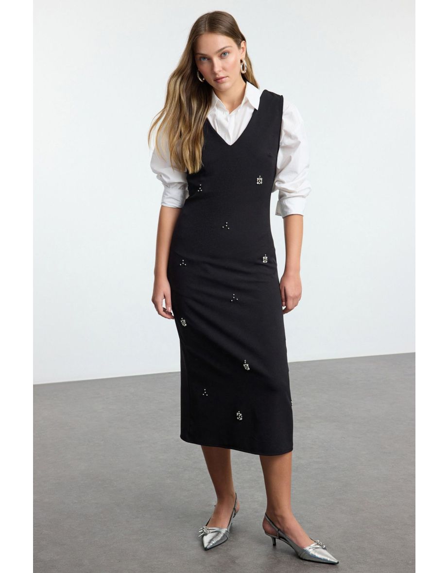 Black A-Line V-Neck Stone Embroidered Midi Vest Woven Dress - 4