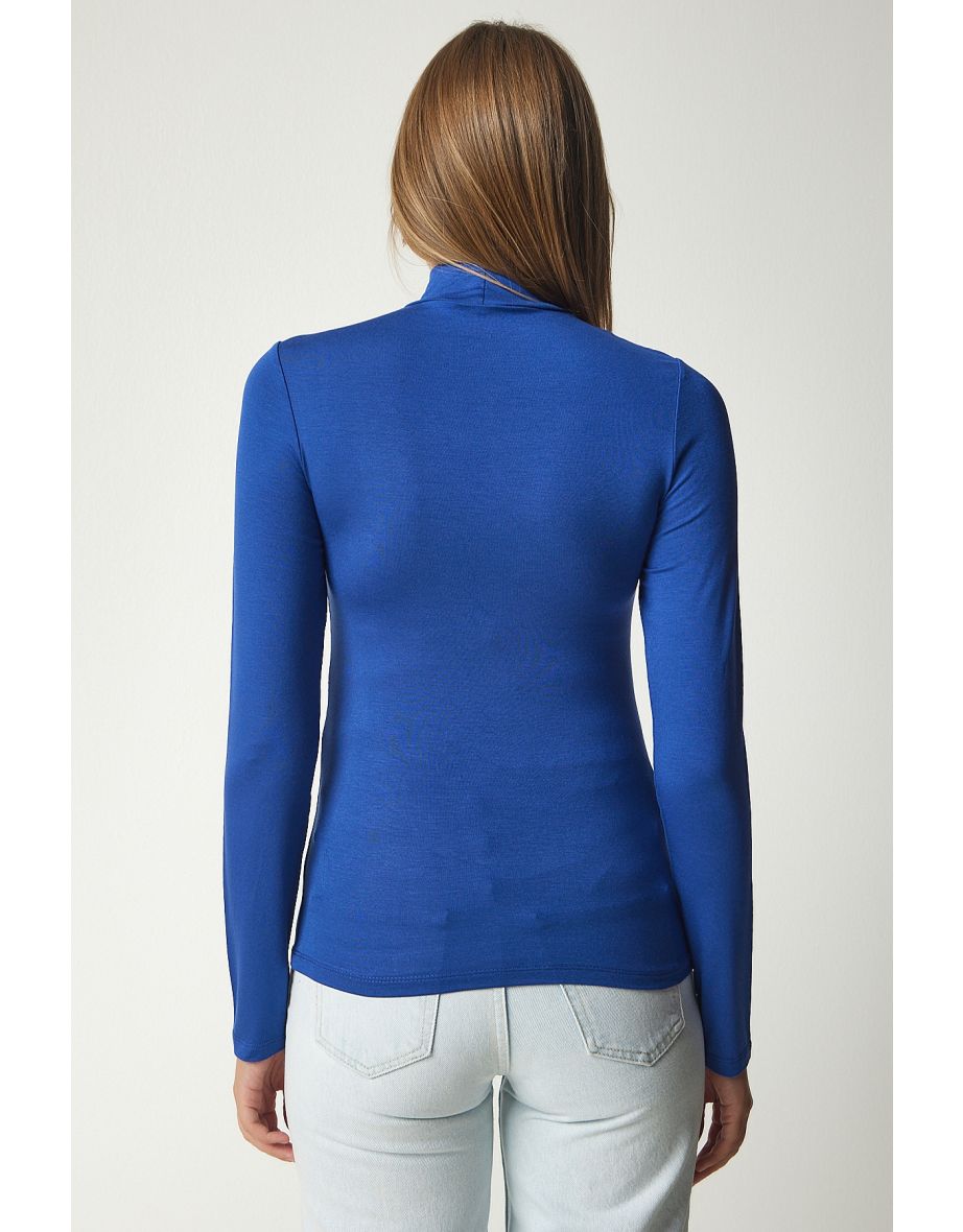 Women's Blue High Neck Wrap Elastic Knitted Blouse - 4
