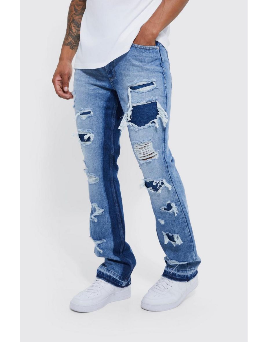 Slim Rigid Flare Panelled Ripped Jeans - mid blue