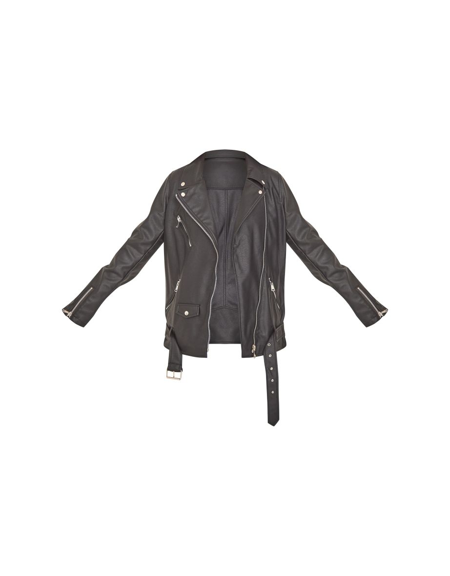 Tall Black Faux Leather Longline Belted Biker Jacket - 4