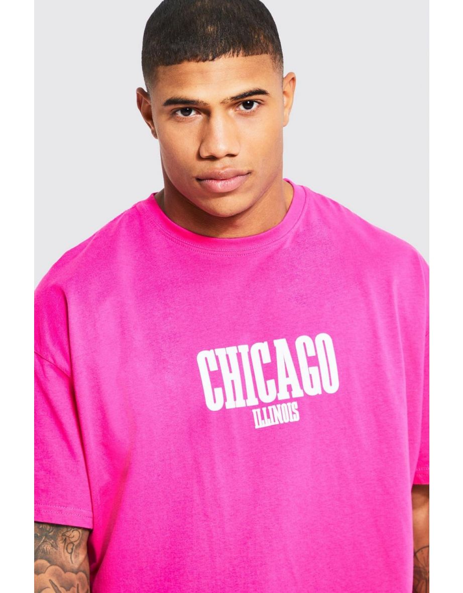 Oversized Chicago Print Long Sleeved T-shirt - pink - 2