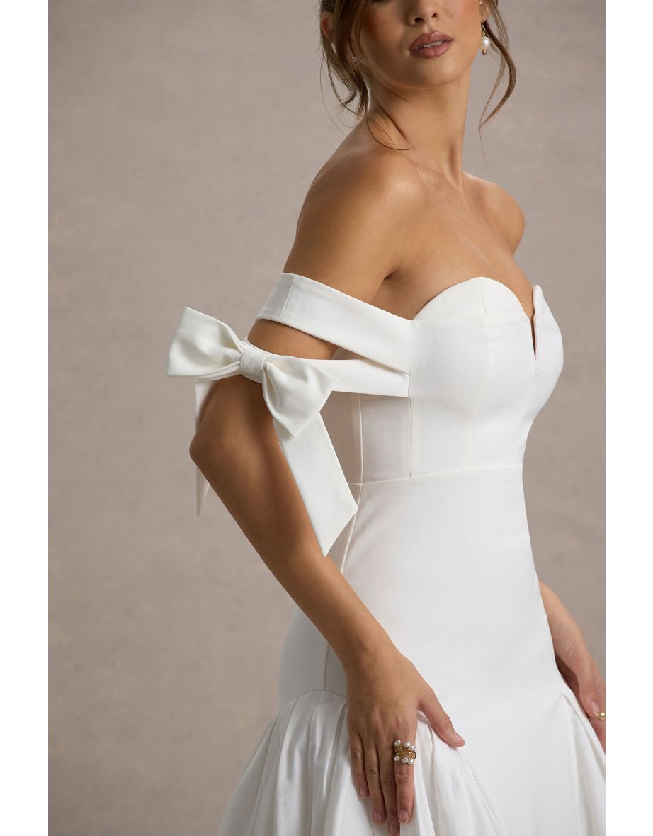 Ethel | White & Cream Bardot Maxi Dress With Volume Skirt - 6