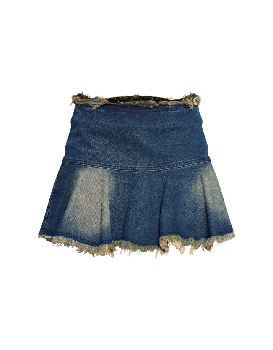 Blue Extreme Raw Edge Asymmetric Mini Skirt - 5