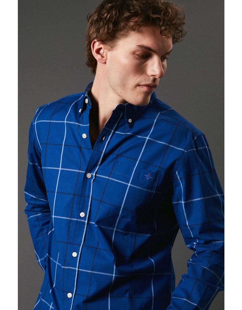 Blue Windowpane Check Long Sleeve Shirt - 3