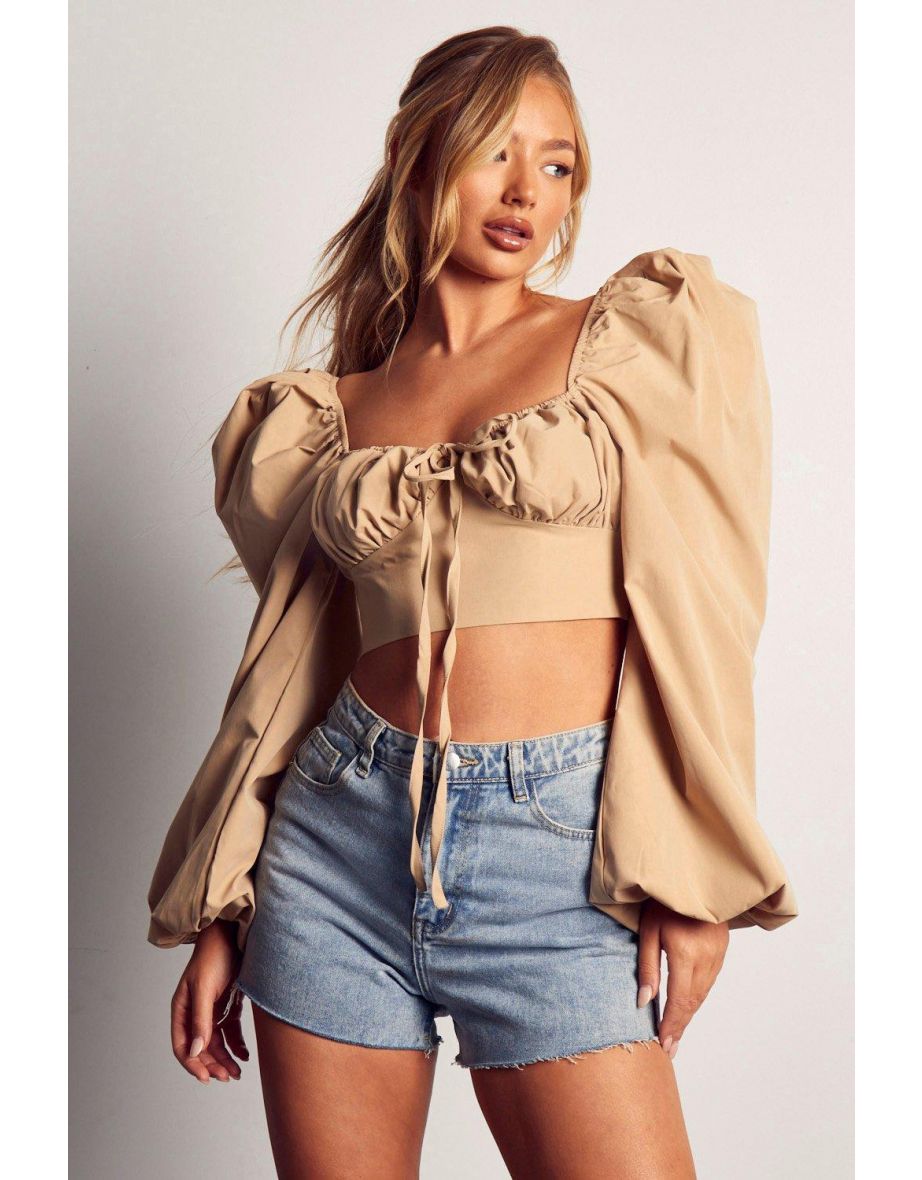 Poplin Ruched Cup Puff Sleeve Crop Top
