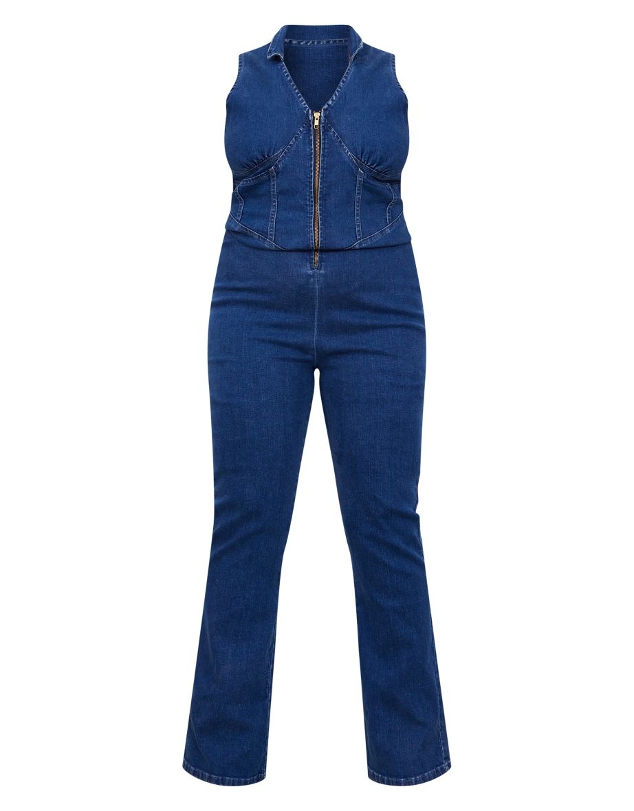 Plus Mid Blue Wash Zip Up Sleeveless Jumpsuit - 4