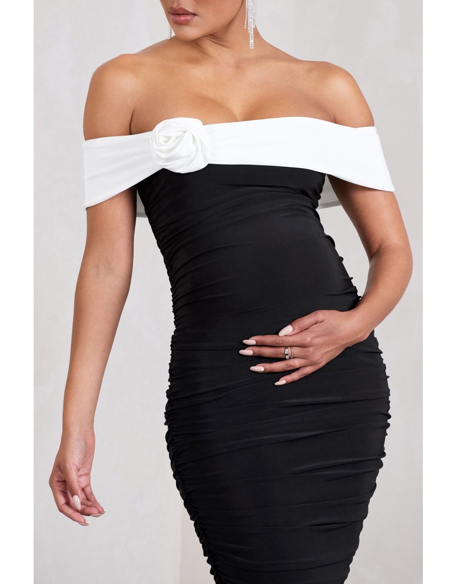 Prairie | Black & White Bardot Maternity Midi Dress With Flower - 4