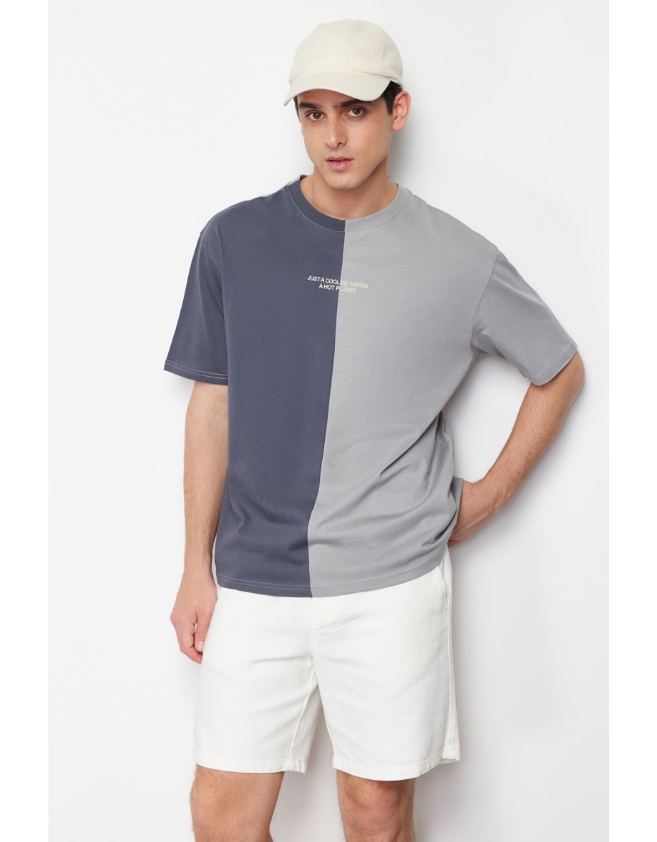 Anthracite Men's Oversize Color Blocked 100% Cotton Embroidered T-Shirt - 7