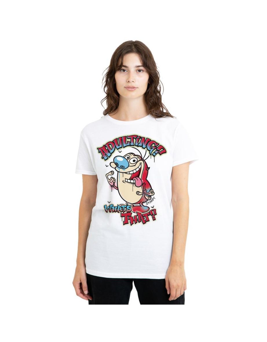 Ren & Stimpy Unisex Adult Adulting Whats That? T-Shirt - White