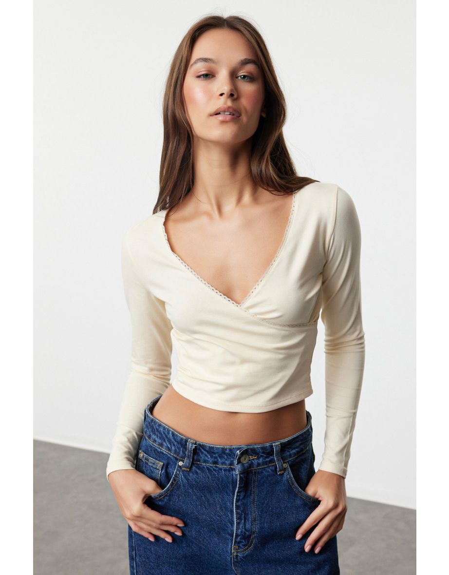 Ecru Deep Double Breasted Collar Lace Detailed Long Sleeve Crop Cotton Stretchy Knitted Blouse