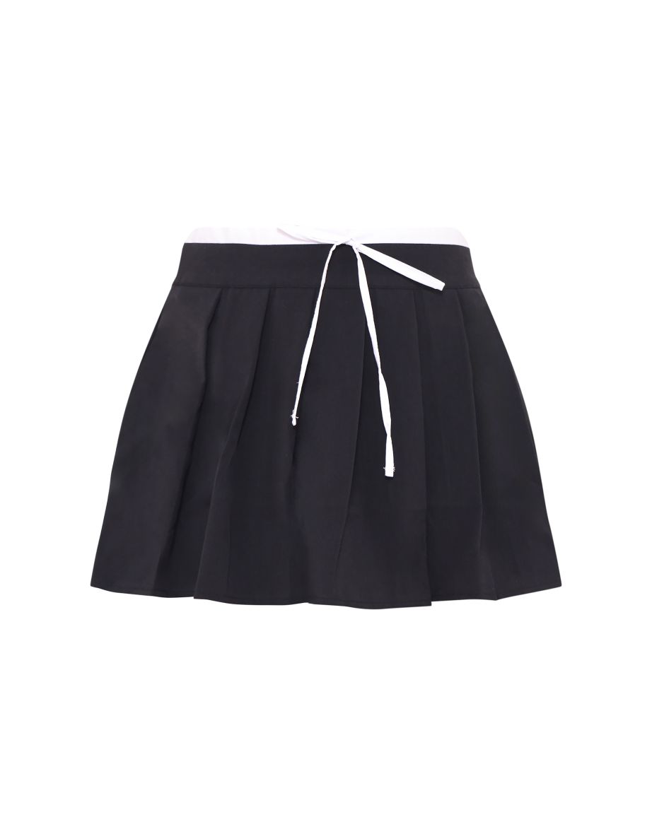 Black Drawstring Double Waistband Tailored Pleated Mini Skirt - 5